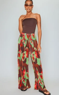 Green Floral Abstract Print Plisse High Waisted Wide Leg Pants
