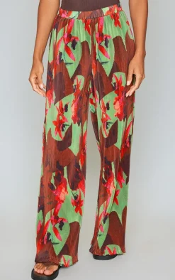 Green Floral Abstract Print Plisse High Waisted Wide Leg Pants