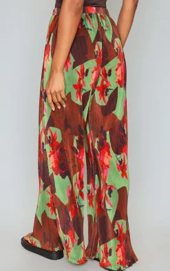Green Floral Abstract Print Plisse High Waisted Wide Leg Pants