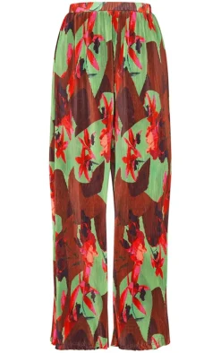 Green Floral Abstract Print Plisse High Waisted Wide Leg Pants