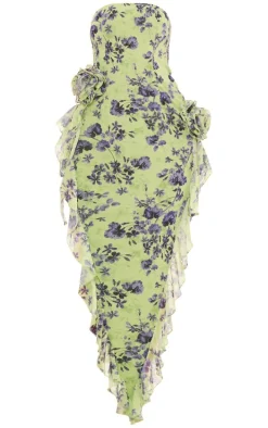 Green Floral Bandeau Corsage Frill Detail Midaxi Dress