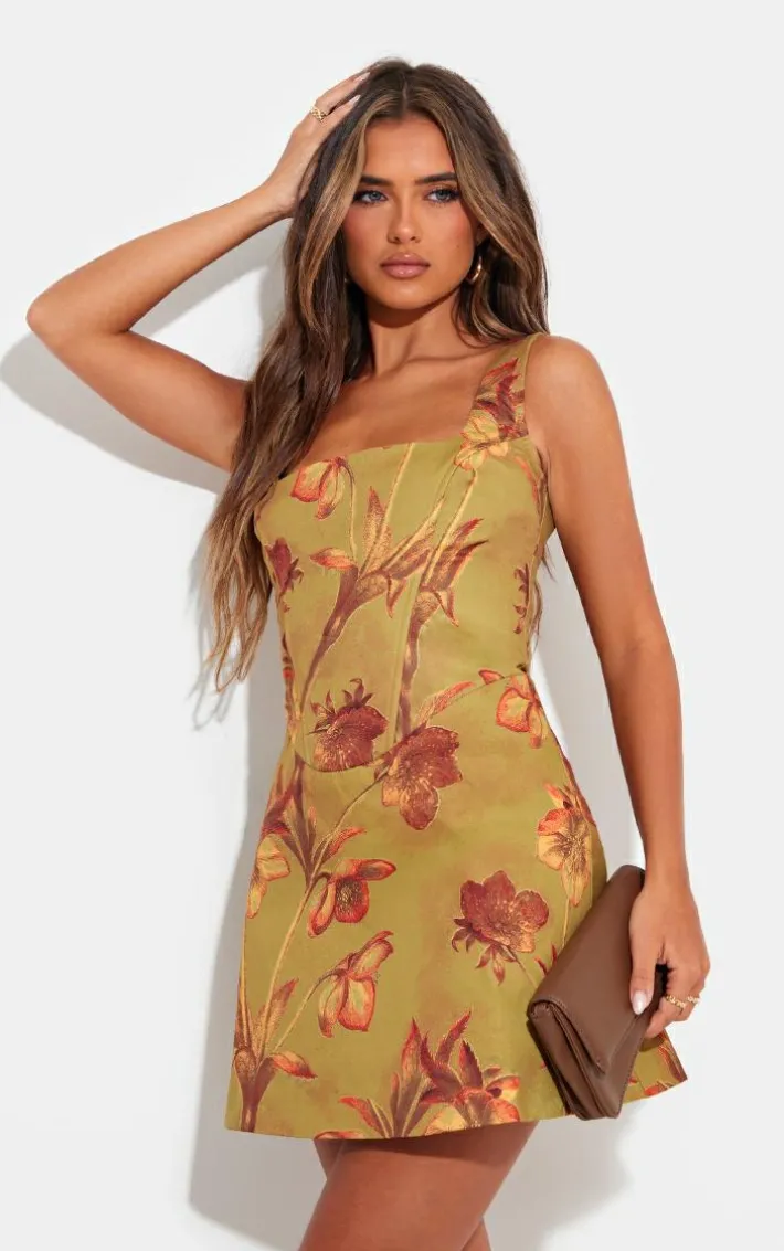 Green Floral Corset A Line Shift Dress
