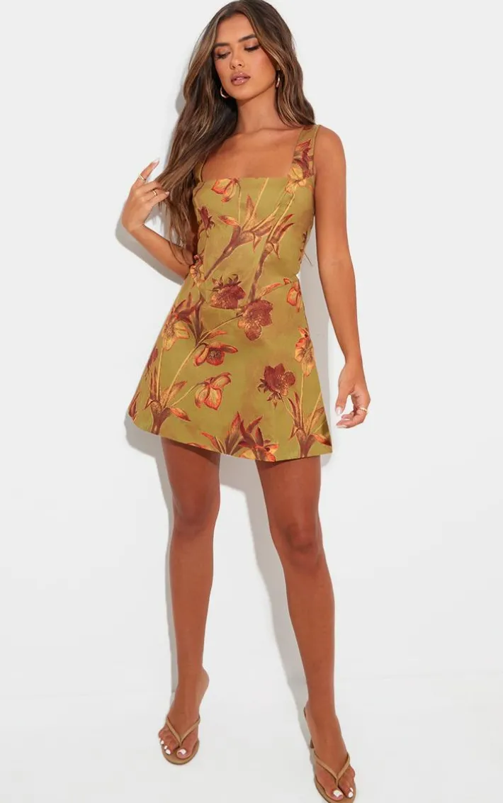 Green Floral Corset A Line Shift Dress