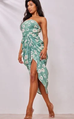 Green Floral Devore Bandeau Draped Midaxi Dress