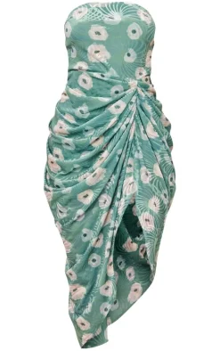 Green Floral Devore Bandeau Draped Midaxi Dress