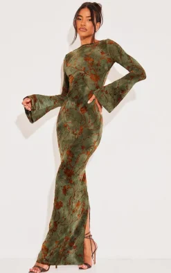 Green Floral Devore Long Sleeve Maxi Dress
