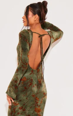 Green Floral Devore Long Sleeve Maxi Dress