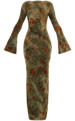 Green Floral Devore Long Sleeve Maxi Dress