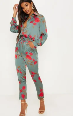 Green Floral Print Cigarette Pants
