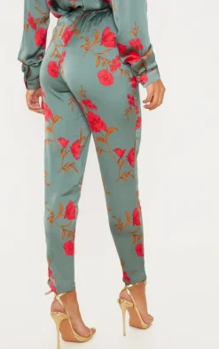 Green Floral Print Cigarette Pants