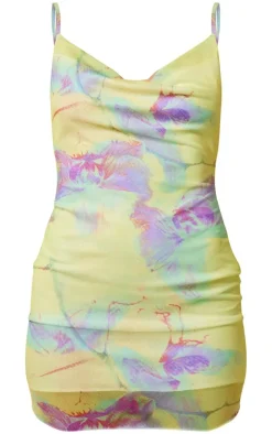 Green Floral Print Cowl Neck Asymmetric Mini Dress