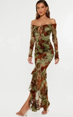 Green Floral Print Devore Off The Shoulder Long Sleeve Maxi Dress