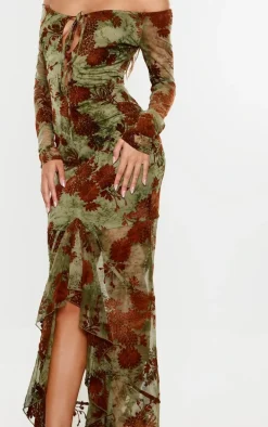 Green Floral Print Devore Off The Shoulder Long Sleeve Maxi Dress