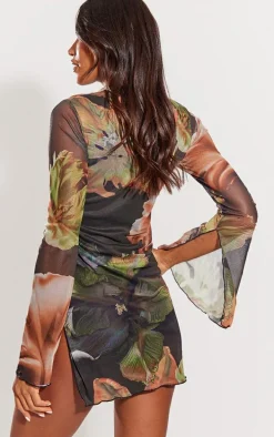 Green Floral Print High Neck Flared Sleeve Shift Dress