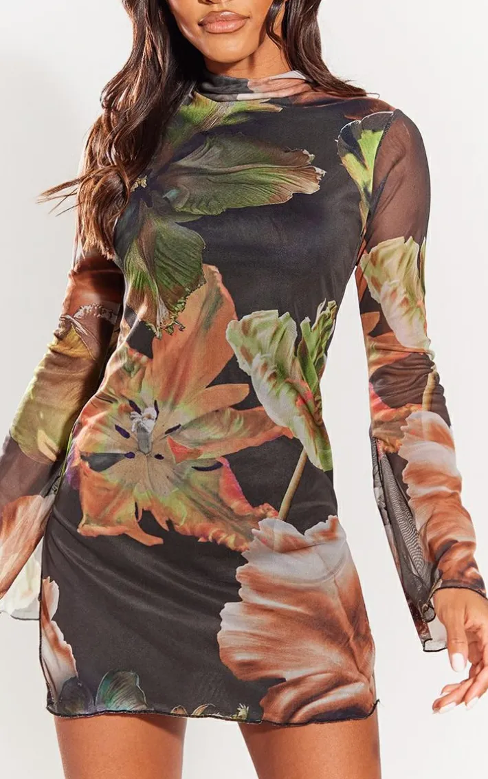 Green Floral Print High Neck Flared Sleeve Shift Dress