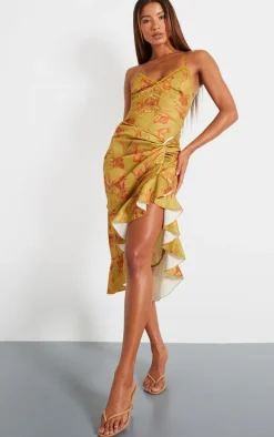 Green Floral Print Lace Up Back Twist Detail Midi Dress