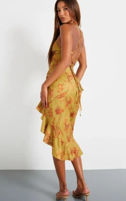 Green Floral Print Lace Up Back Twist Detail Midi Dress