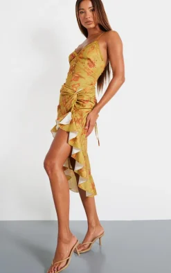 Green Floral Print Lace Up Back Twist Detail Midi Dress