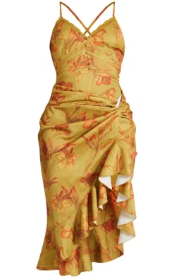 Green Floral Print Lace Up Back Twist Detail Midi Dress