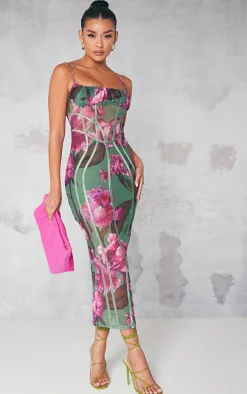 Green Floral Print Mesh Binding Detail Midaxi Dress