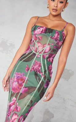 Green Floral Print Mesh Binding Detail Midaxi Dress