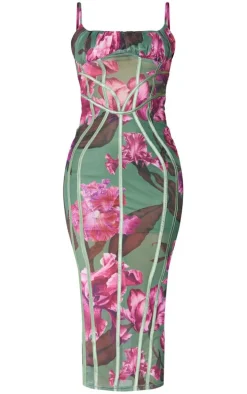 Green Floral Print Mesh Binding Detail Midaxi Dress