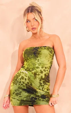 Green Floral Print Mesh Bandeau Lined Bodycon Dress