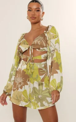 Green Floral Print Satin Cut Out Tie Detail Shift Dress