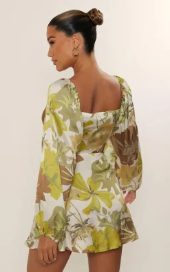 Green Floral Print Satin Cut Out Tie Detail Shift Dress