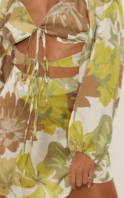 Green Floral Print Satin Cut Out Tie Detail Shift Dress