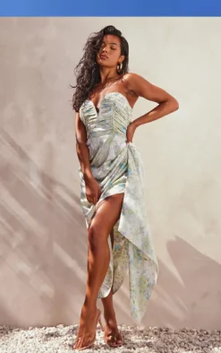 Green Floral Print Satin Ruched Plunge Midaxi Dress