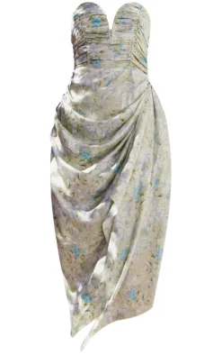 Green Floral Print Satin Ruched Plunge Midaxi Dress