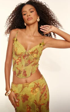 Green Floral Print Sheer Chiffon Bow Detail Corset