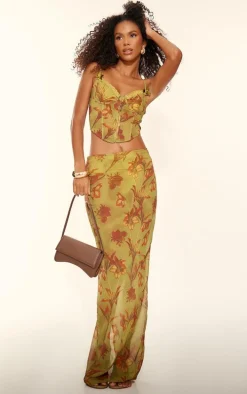 Green Floral Print Sheer Chiffon Low Rise Maxi Skirt
