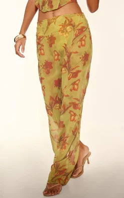 Green Floral Print Sheer Chiffon Low Rise Maxi Skirt