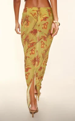 Green Floral Print Sheer Chiffon Low Rise Maxi Skirt