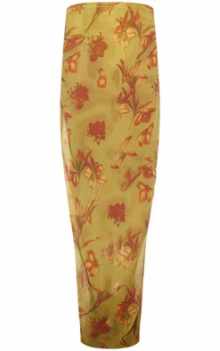 Green Floral Print Sheer Chiffon Low Rise Maxi Skirt