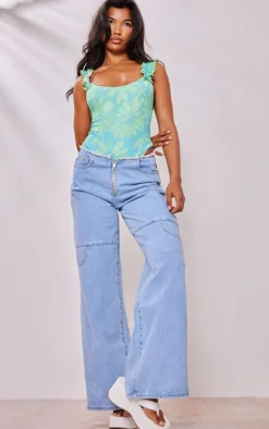 Green Floral Print Slinky Ruffle Strap Bodysuit