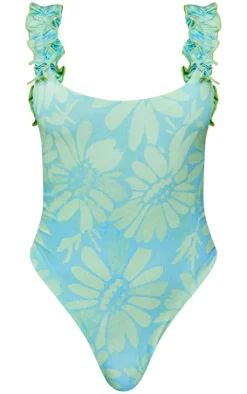 Green Floral Print Slinky Ruffle Strap Bodysuit