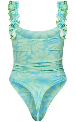 Green Floral Print Slinky Ruffle Strap Bodysuit