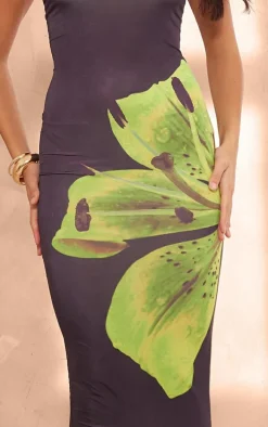 Green Floral Print Slinky Bandeau Maxi Dress