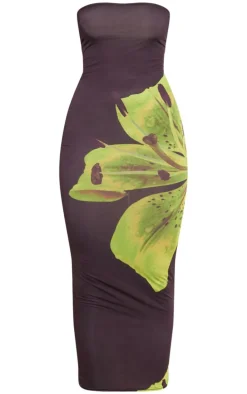 Green Floral Print Slinky Bandeau Maxi Dress