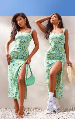 Green Floral Print Woven Split Midaxi Dress