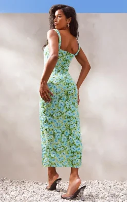 Green Floral Print Woven Split Midaxi Dress