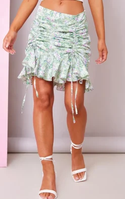 Green Floral Printed Chiffon Ruched Frill Mini Skirt