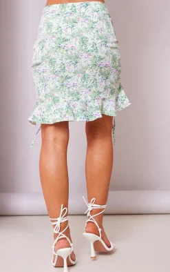 Green Floral Printed Chiffon Ruched Frill Mini Skirt
