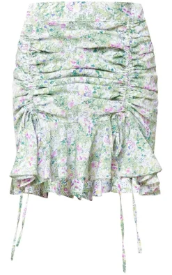 Green Floral Printed Chiffon Ruched Frill Mini Skirt