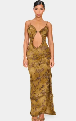 Green Floral Printed Devore Cut Out Cami Split Hem Maxi Dress