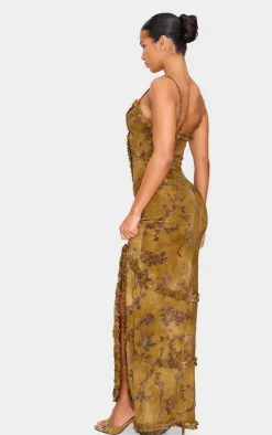 Green Floral Printed Devore Cut Out Cami Split Hem Maxi Dress