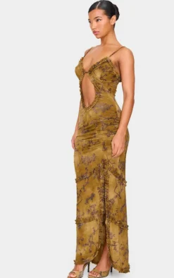 Green Floral Printed Devore Cut Out Cami Split Hem Maxi Dress
